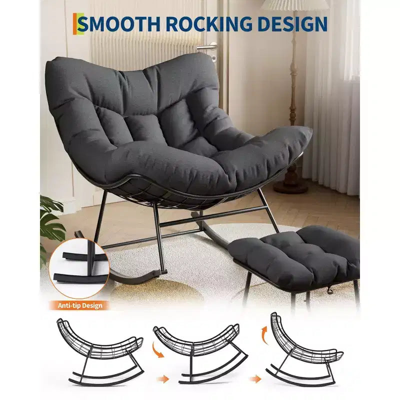 Sdraio da Esterno Oversize con Ottomana, Sedia a Dondolo con Struttura in Metallo, Dondolo a Uovo in Rattan per Giardino, Balcone e Relax in Patio