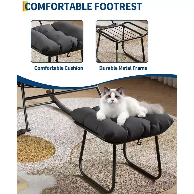 Sdraio da Esterno Oversize con Ottomana, Sedia a Dondolo con Struttura in Metallo, Dondolo a Uovo in Rattan per Giardino, Balcone e Relax in Patio