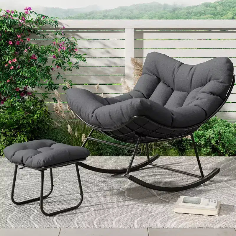 Sdraio da Esterno Oversize con Ottomana, Sedia a Dondolo con Struttura in Metallo, Dondolo a Uovo in Rattan per Giardino, Balcone e Relax in Patio