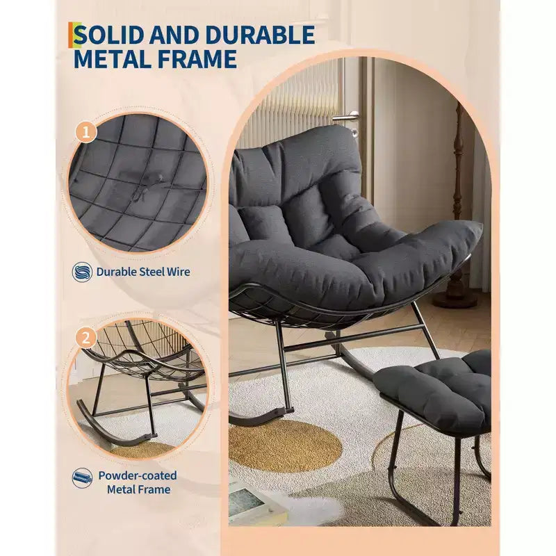 Sdraio da Esterno Oversize con Ottomana, Sedia a Dondolo con Struttura in Metallo, Dondolo a Uovo in Rattan per Giardino, Balcone e Relax in Patio