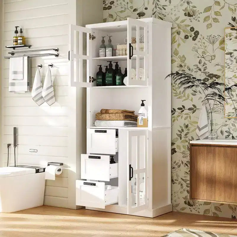 Mobile bagno Famapy con ante in vetro e cassetti, armadietto da bagno alto per riporre asciugamani e articoli da toeletta
