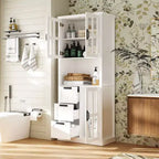 Mobile bagno Famapy con ante in vetro e cassetti, armadietto da bagno alto per riporre asciugamani e articoli da toeletta
