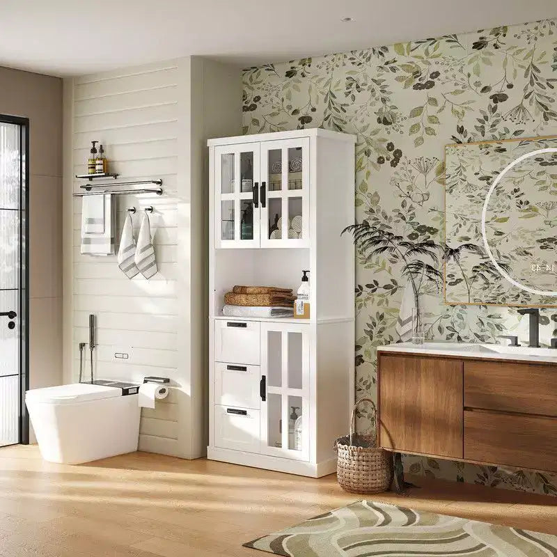 Mobile bagno Famapy con ante in vetro e cassetti, armadietto da bagno alto per riporre asciugamani e articoli da toeletta