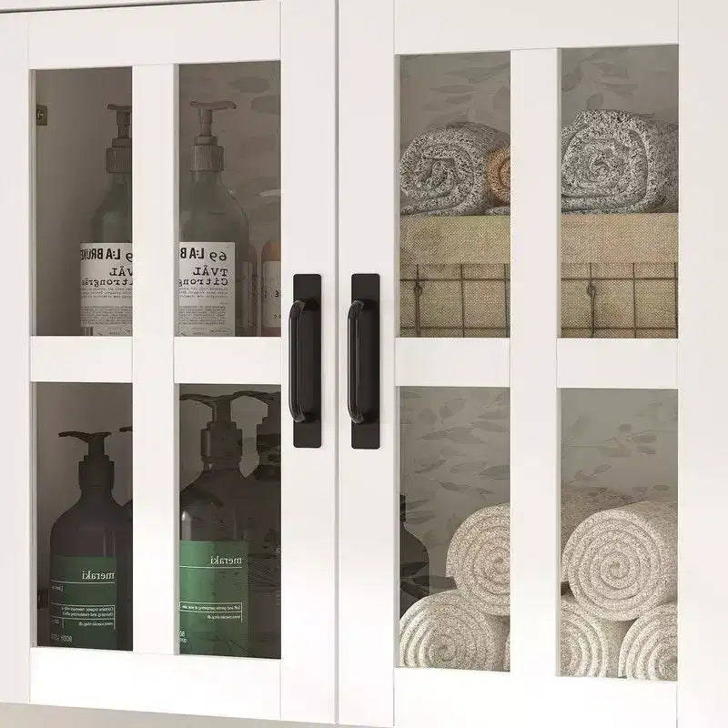 Mobile bagno Famapy con ante in vetro e cassetti, armadietto da bagno alto per riporre asciugamani e articoli da toeletta