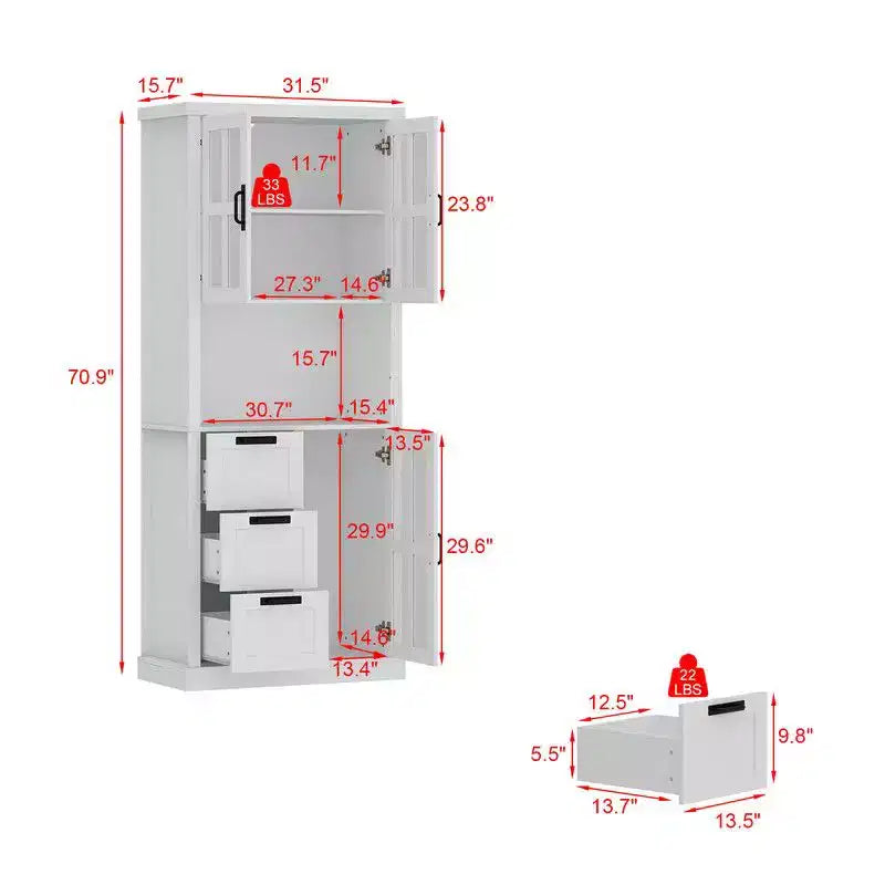 Mobile bagno Famapy con ante in vetro e cassetti, armadietto da bagno alto per riporre asciugamani e articoli da toeletta