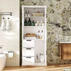 Mobile bagno Famapy con ante in vetro e cassetti, armadietto da bagno alto per riporre asciugamani e articoli da toeletta