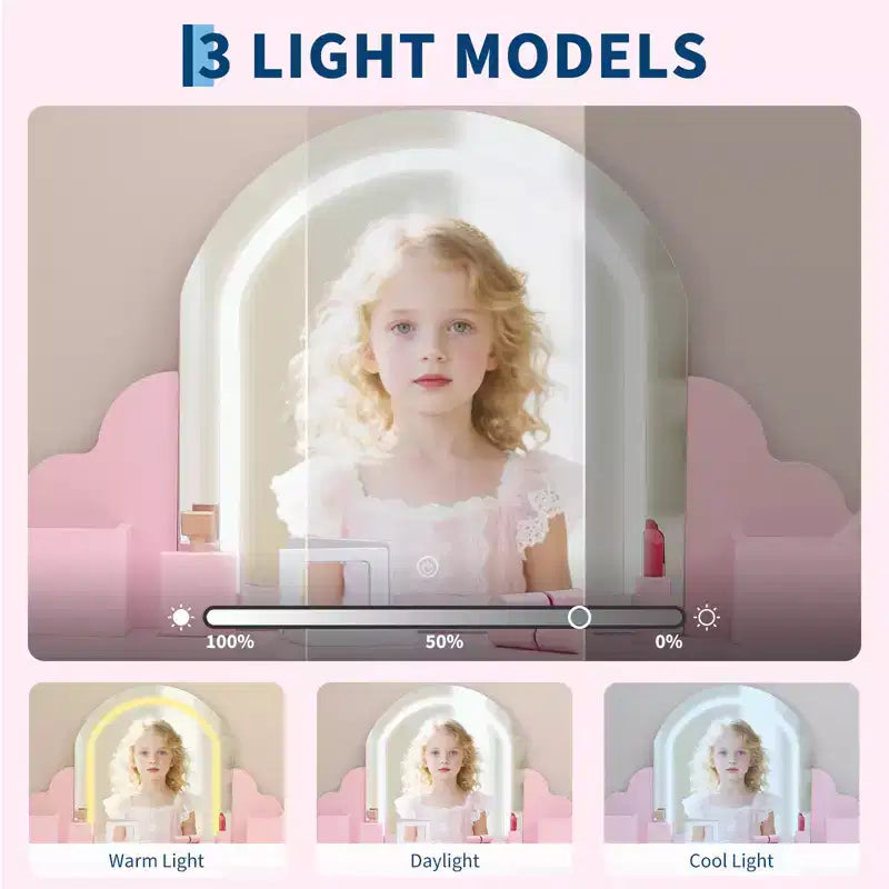 Cozony Toeletta per Bambini con Specchio e Sgabello, Luminosità Regolabile, Cassetto Portaoggetti e Ripiani, per Bambine dai 3 ai 9 Anni