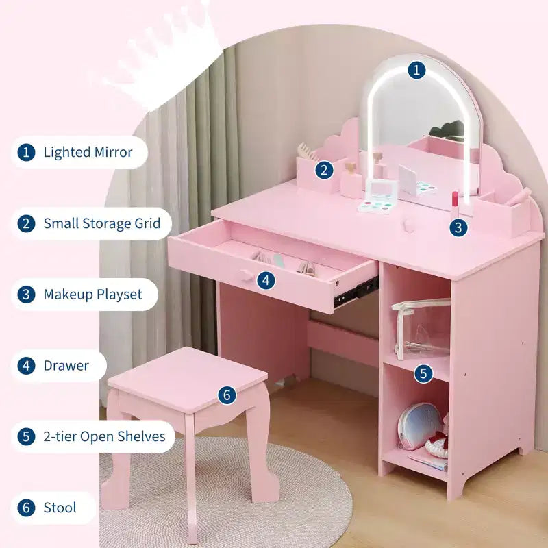 Cozony Toeletta per Bambini con Specchio e Sgabello, Luminosità Regolabile, Cassetto Portaoggetti e Ripiani, per Bambine dai 3 ai 9 Anni