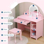 Cozony Toeletta per Bambini con Specchio e Sgabello, Luminosità Regolabile, Cassetto Portaoggetti e Ripiani, per Bambine dai 3 ai 9 Anni