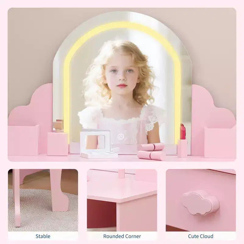 Cozony Toeletta per Bambini con Specchio e Sgabello, Luminosità Regolabile, Cassetto Portaoggetti e Ripiani, per Bambine dai 3 ai 9 Anni
