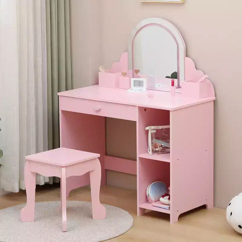 Cozony Toeletta per Bambini con Specchio e Sgabello, Luminosità Regolabile, Cassetto Portaoggetti e Ripiani, per Bambine dai 3 ai 9 Anni