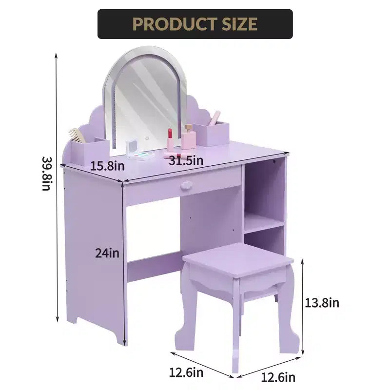 Cozony Toeletta per Bambini con Specchio e Sgabello, Luminosità Regolabile, Cassetto Portaoggetti e Ripiani, per Bambine dai 3 ai 9 Anni