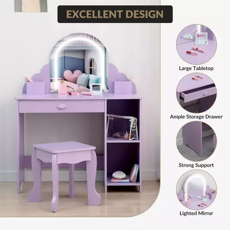 Cozony Toeletta per Bambini con Specchio e Sgabello, Luminosità Regolabile, Cassetto Portaoggetti e Ripiani, per Bambine dai 3 ai 9 Anni