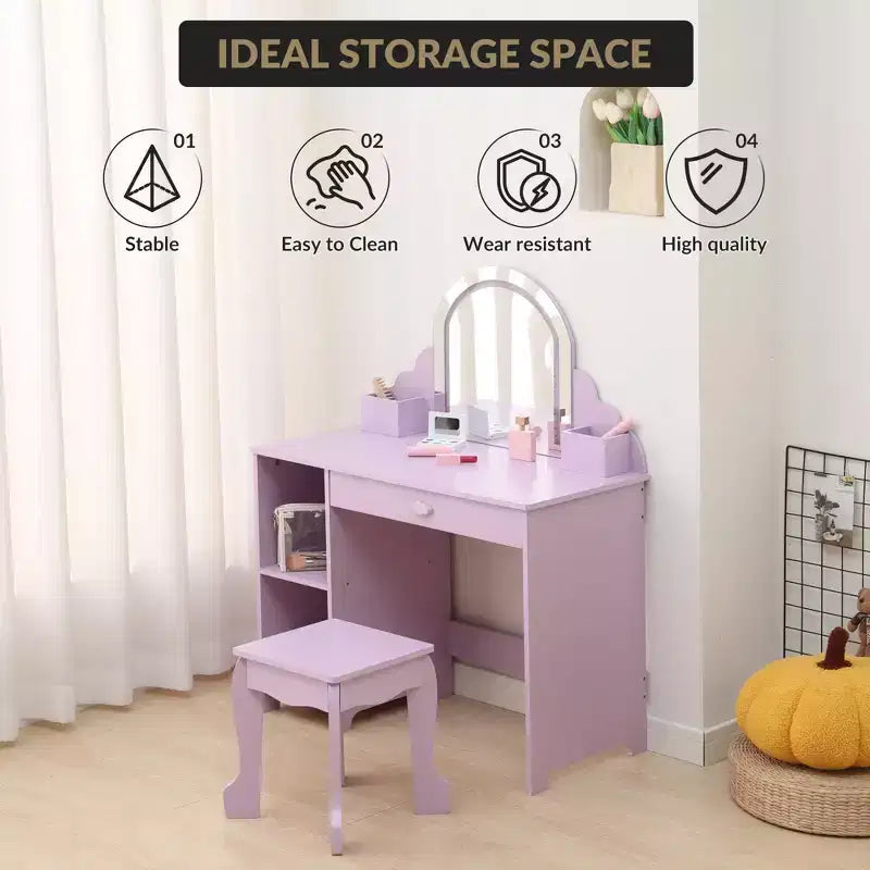 Cozony Toeletta per Bambini con Specchio e Sgabello, Luminosità Regolabile, Cassetto Portaoggetti e Ripiani, per Bambine dai 3 ai 9 Anni