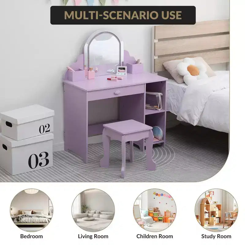 Cozony Toeletta per Bambini con Specchio e Sgabello, Luminosità Regolabile, Cassetto Portaoggetti e Ripiani, per Bambine dai 3 ai 9 Anni