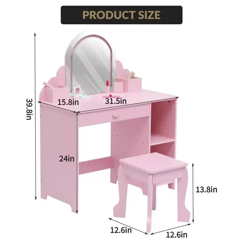 Cozony Toeletta per Bambini con Specchio e Sgabello, Luminosità Regolabile, Cassetto Portaoggetti e Ripiani, per Bambine dai 3 ai 9 Anni