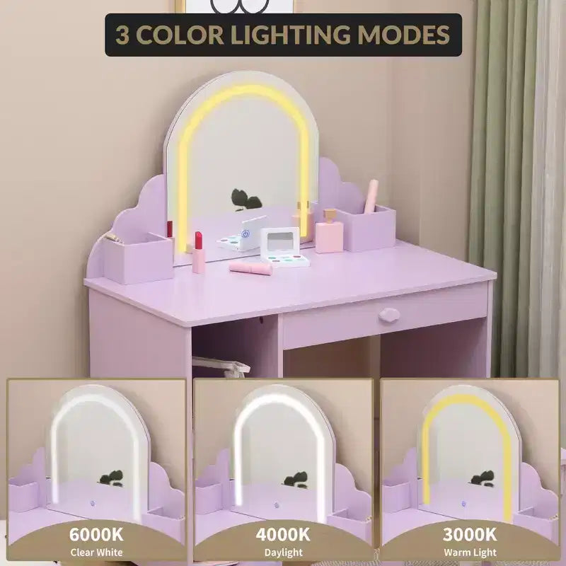 Cozony Toeletta per Bambini con Specchio e Sgabello, Luminosità Regolabile, Cassetto Portaoggetti e Ripiani, per Bambine dai 3 ai 9 Anni