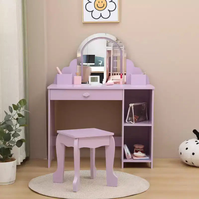 Cozony Toeletta per Bambini con Specchio e Sgabello, Luminosità Regolabile, Cassetto Portaoggetti e Ripiani, per Bambine dai 3 ai 9 Anni
