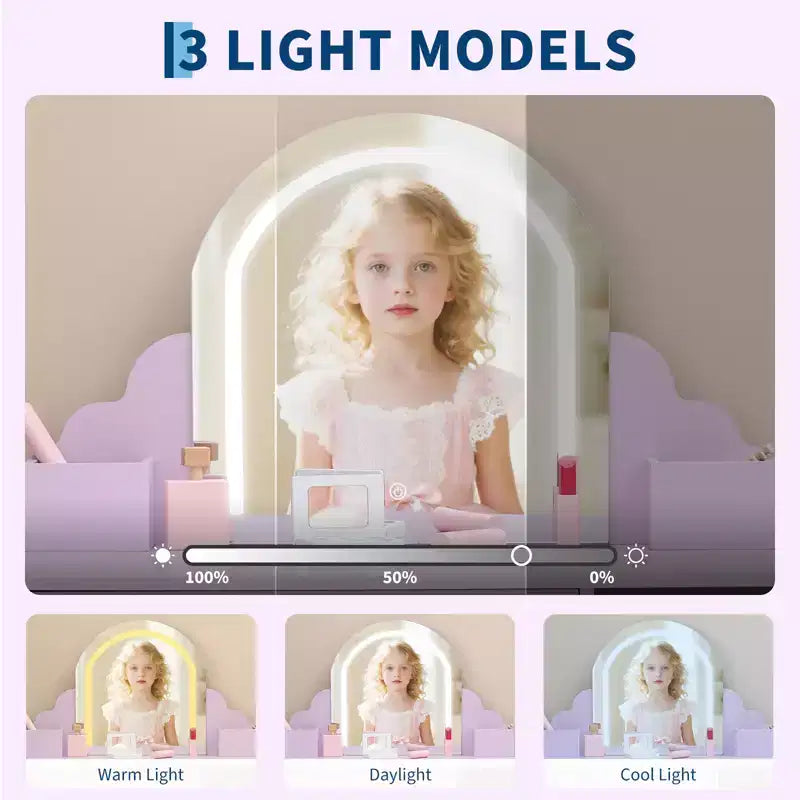 Cozony Toeletta per Bambini con Specchio e Sgabello, Luminosità Regolabile, Cassetto Portaoggetti e Ripiani, per Bambine dai 3 ai 9 Anni