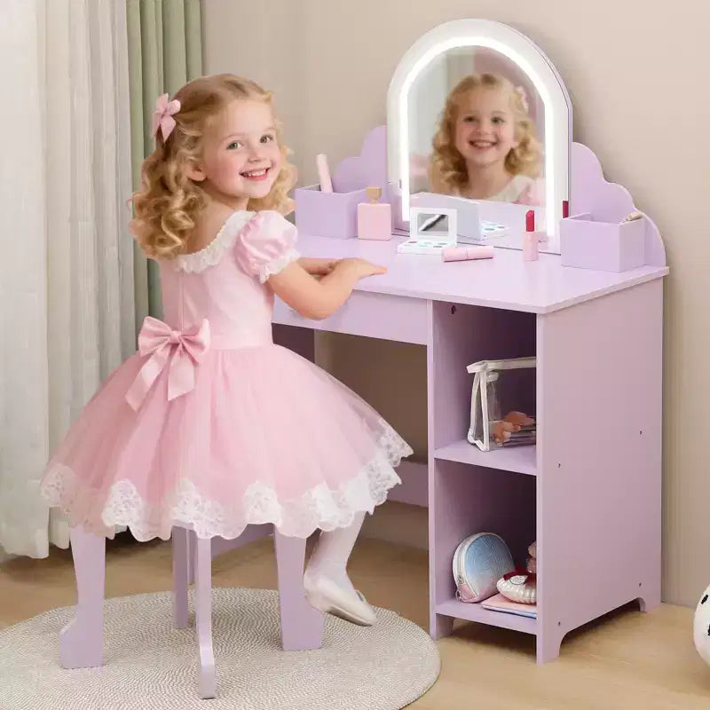 Cozony Toeletta per Bambini con Specchio e Sgabello, Luminosità Regolabile, Cassetto Portaoggetti e Ripiani, per Bambine dai 3 ai 9 Anni