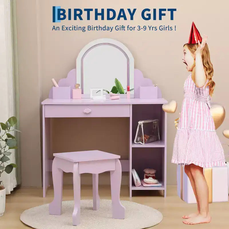Cozony Toeletta per Bambini con Specchio e Sgabello, Luminosità Regolabile, Cassetto Portaoggetti e Ripiani, per Bambine dai 3 ai 9 Anni