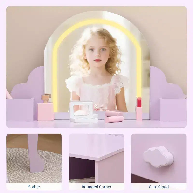 Cozony Toeletta per Bambini con Specchio e Sgabello, Luminosità Regolabile, Cassetto Portaoggetti e Ripiani, per Bambine dai 3 ai 9 Anni