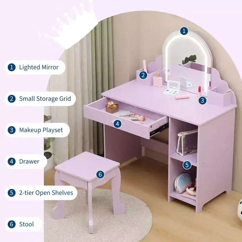Cozony Toeletta per Bambini con Specchio e Sgabello, Luminosità Regolabile, Cassetto Portaoggetti e Ripiani, per Bambine dai 3 ai 9 Anni