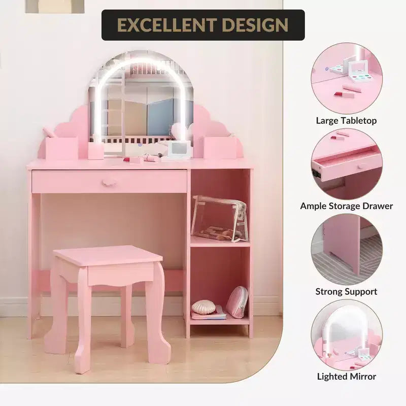Cozony Toeletta per Bambini con Specchio e Sgabello, Luminosità Regolabile, Cassetto Portaoggetti e Ripiani, per Bambine dai 3 ai 9 Anni