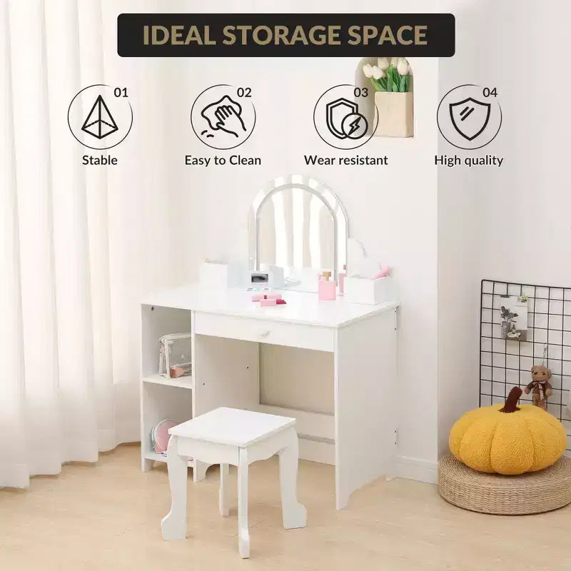 Cozony Toeletta per Bambini con Specchio e Sgabello, Luminosità Regolabile, Cassetto Portaoggetti e Ripiani, per Bambine dai 3 ai 9 Anni