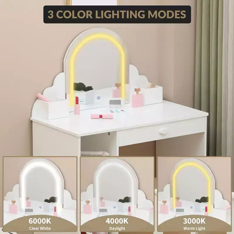 Cozony Toeletta per Bambini con Specchio e Sgabello, Luminosità Regolabile, Cassetto Portaoggetti e Ripiani, per Bambine dai 3 ai 9 Anni