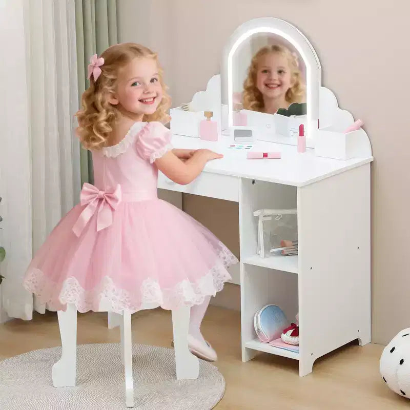 Cozony Toeletta per Bambini con Specchio e Sgabello, Luminosità Regolabile, Cassetto Portaoggetti e Ripiani, per Bambine dai 3 ai 9 Anni