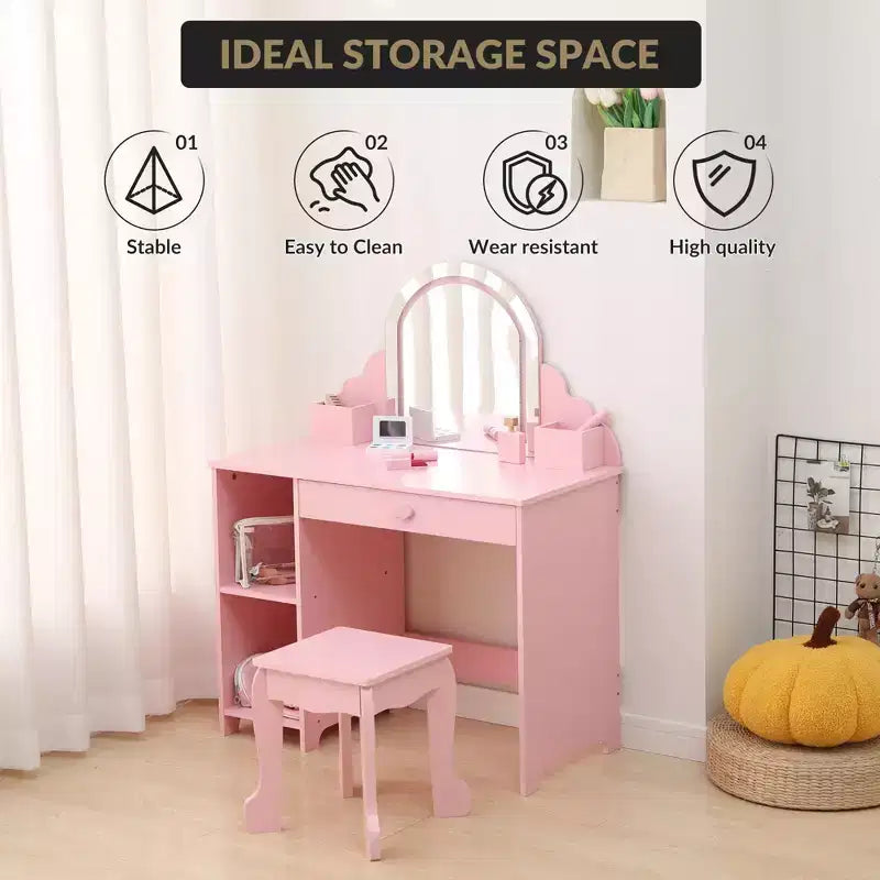 Cozony Toeletta per Bambini con Specchio e Sgabello, Luminosità Regolabile, Cassetto Portaoggetti e Ripiani, per Bambine dai 3 ai 9 Anni