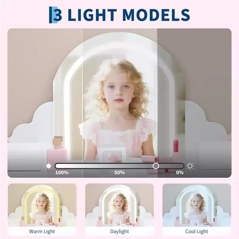 Cozony Toeletta per Bambini con Specchio e Sgabello, Luminosità Regolabile, Cassetto Portaoggetti e Ripiani, per Bambine dai 3 ai 9 Anni