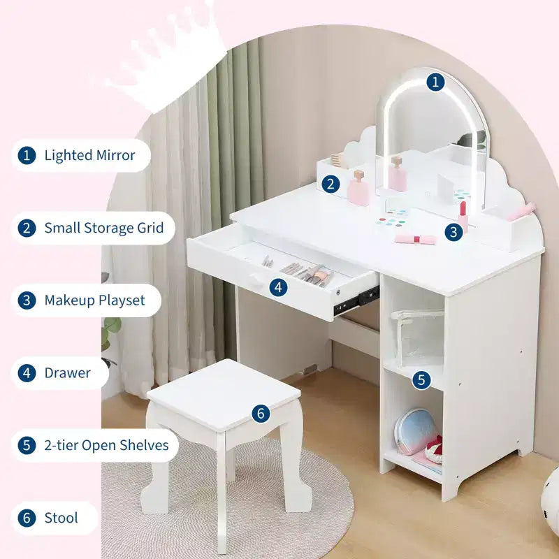 Cozony Toeletta per Bambini con Specchio e Sgabello, Luminosità Regolabile, Cassetto Portaoggetti e Ripiani, per Bambine dai 3 ai 9 Anni