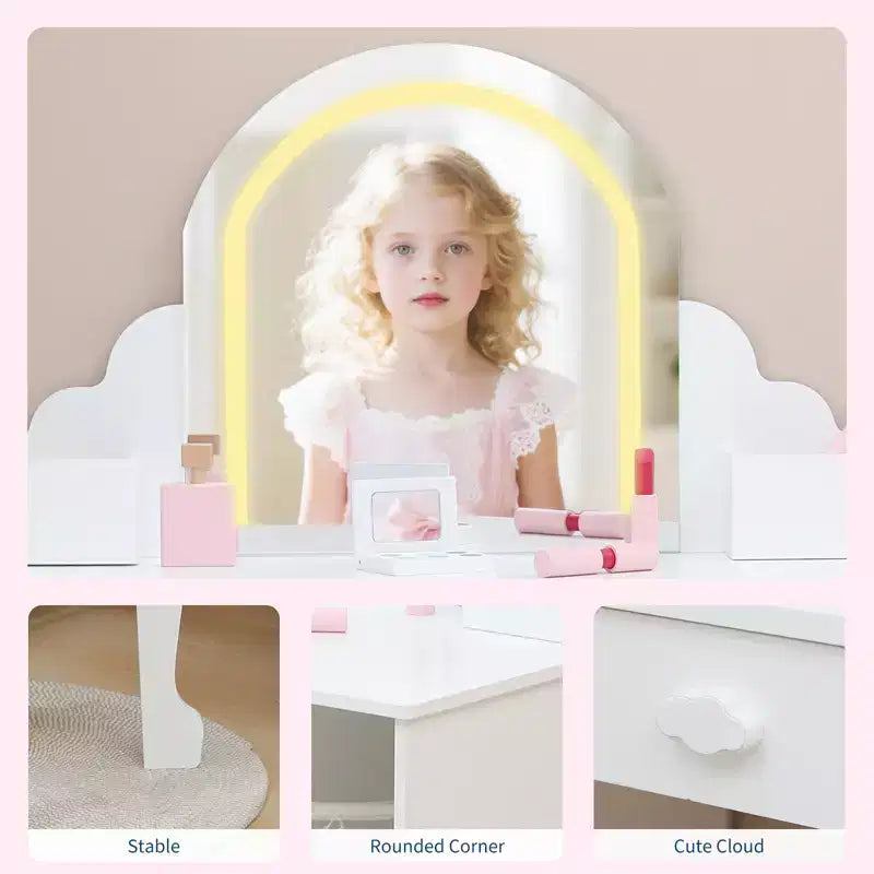 Cozony Toeletta per Bambini con Specchio e Sgabello, Luminosità Regolabile, Cassetto Portaoggetti e Ripiani, per Bambine dai 3 ai 9 Anni