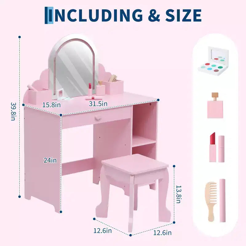 Cozony Toeletta per Bambini con Specchio e Sgabello, Luminosità Regolabile, Cassetto Portaoggetti e Ripiani, per Bambine dai 3 ai 9 Anni