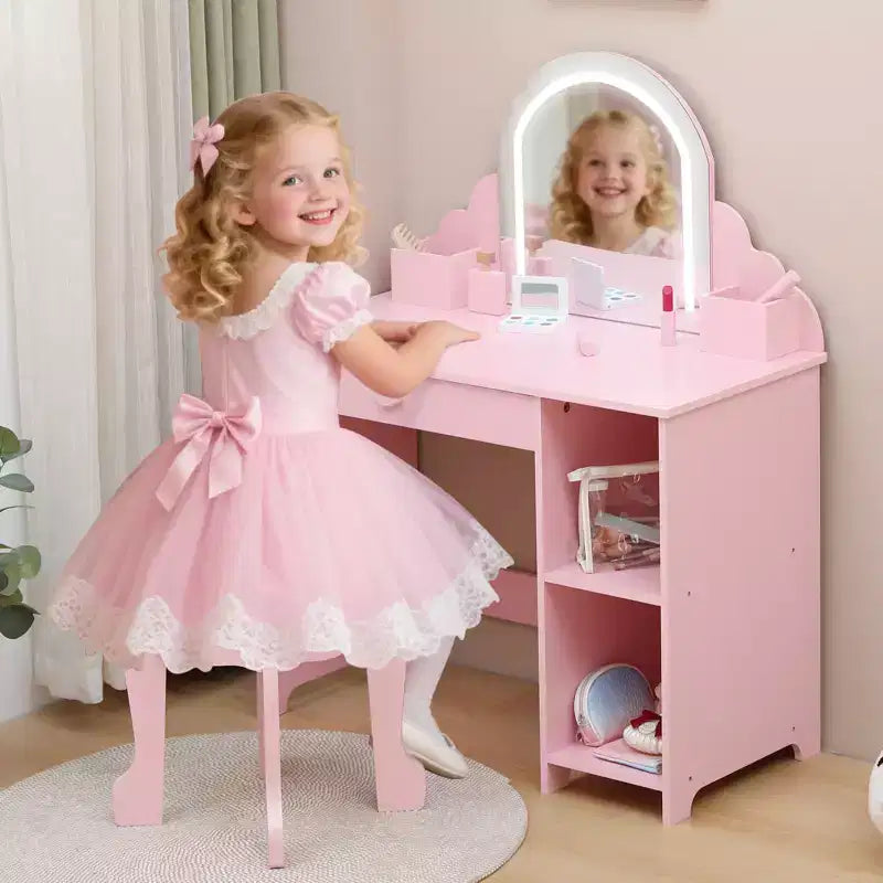 Cozony Toeletta per Bambini con Specchio e Sgabello, Luminosità Regolabile, Cassetto Portaoggetti e Ripiani, per Bambine dai 3 ai 9 Anni