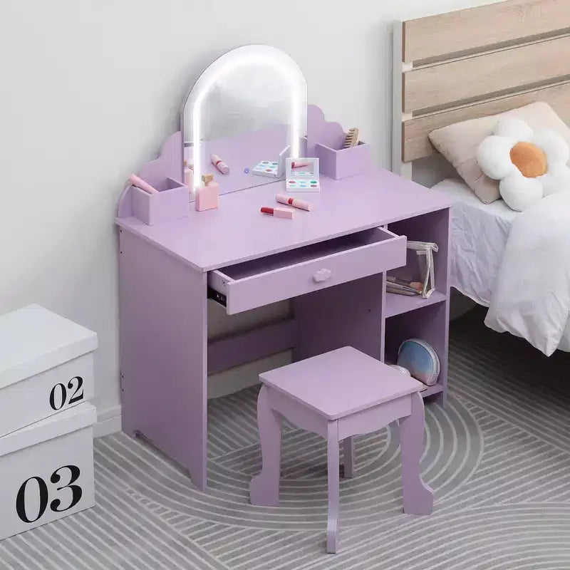 Cozony Toeletta per Bambini con Specchio e Sgabello, Luminosità Regolabile, Cassetto Portaoggetti e Ripiani, per Bambine dai 3 ai 9 Anni