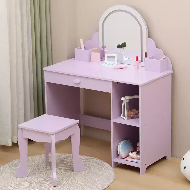 Cozony Toeletta per Bambini con Specchio e Sgabello, Luminosità Regolabile, Cassetto Portaoggetti e Ripiani, per Bambine dai 3 ai 9 Anni
