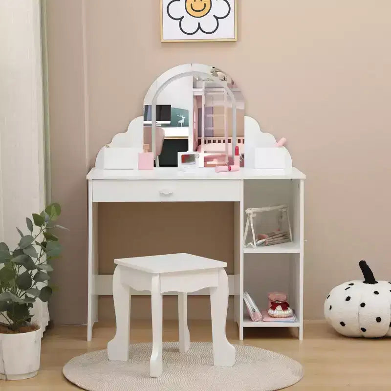 Cozony Toeletta per Bambini con Specchio e Sgabello, Luminosità Regolabile, Cassetto Portaoggetti e Ripiani, per Bambine dai 3 ai 9 Anni