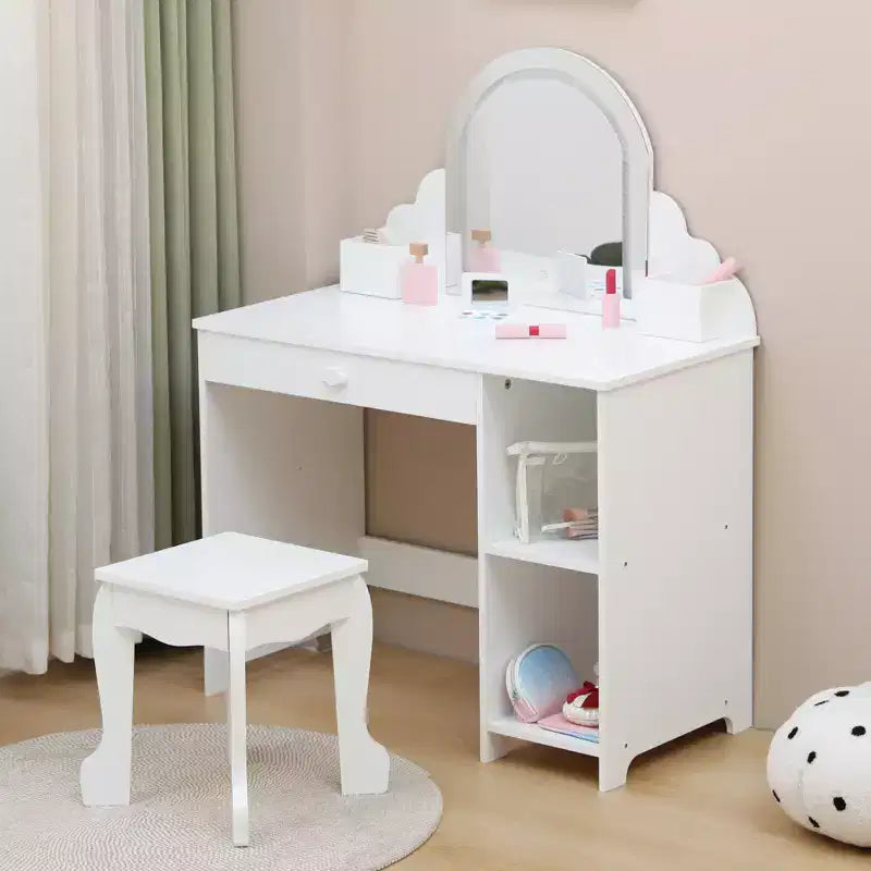 Cozony Toeletta per Bambini con Specchio e Sgabello, Luminosità Regolabile, Cassetto Portaoggetti e Ripiani, per Bambine dai 3 ai 9 Anni