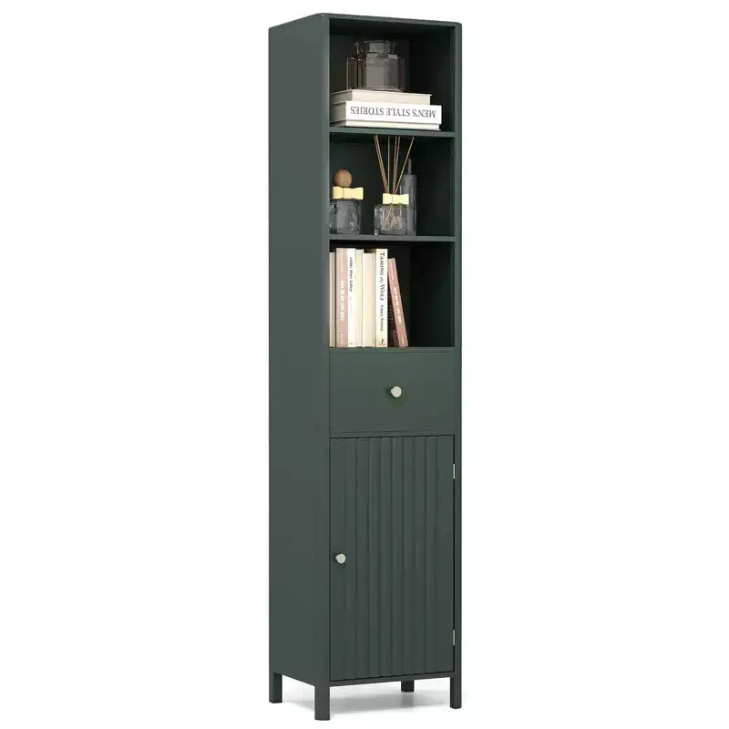 Costway Armadietto da Bagno Alto 170 cm con 3 Ripiani Aperti, 1 Cassetto, Ripiano Interno Regolabile Bianco/Bianco sporco/Nero/Verde/Grigio