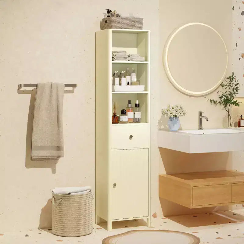 Costway Armadietto da Bagno Alto 170 cm con 3 Ripiani Aperti, 1 Cassetto, Ripiano Interno Regolabile Bianco/Bianco sporco/Nero/Verde/Grigio