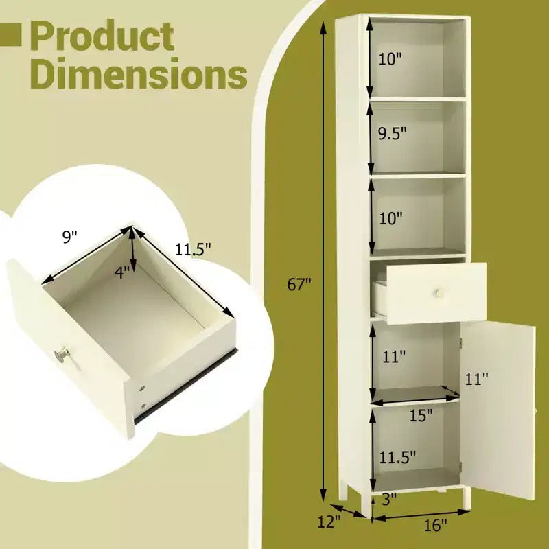 Costway Armadietto da Bagno Alto 170 cm con 3 Ripiani Aperti, 1 Cassetto, Ripiano Interno Regolabile Bianco/Bianco sporco/Nero/Verde/Grigio