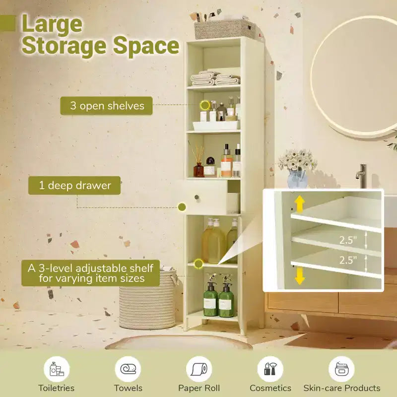 Costway Armadietto da Bagno Alto 170 cm con 3 Ripiani Aperti, 1 Cassetto, Ripiano Interno Regolabile Bianco/Bianco sporco/Nero/Verde/Grigio