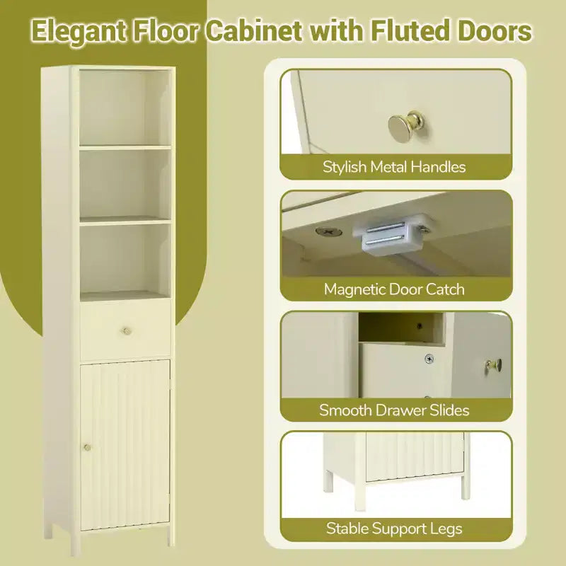 Costway Armadietto da Bagno Alto 170 cm con 3 Ripiani Aperti, 1 Cassetto, Ripiano Interno Regolabile Bianco/Bianco sporco/Nero/Verde/Grigio