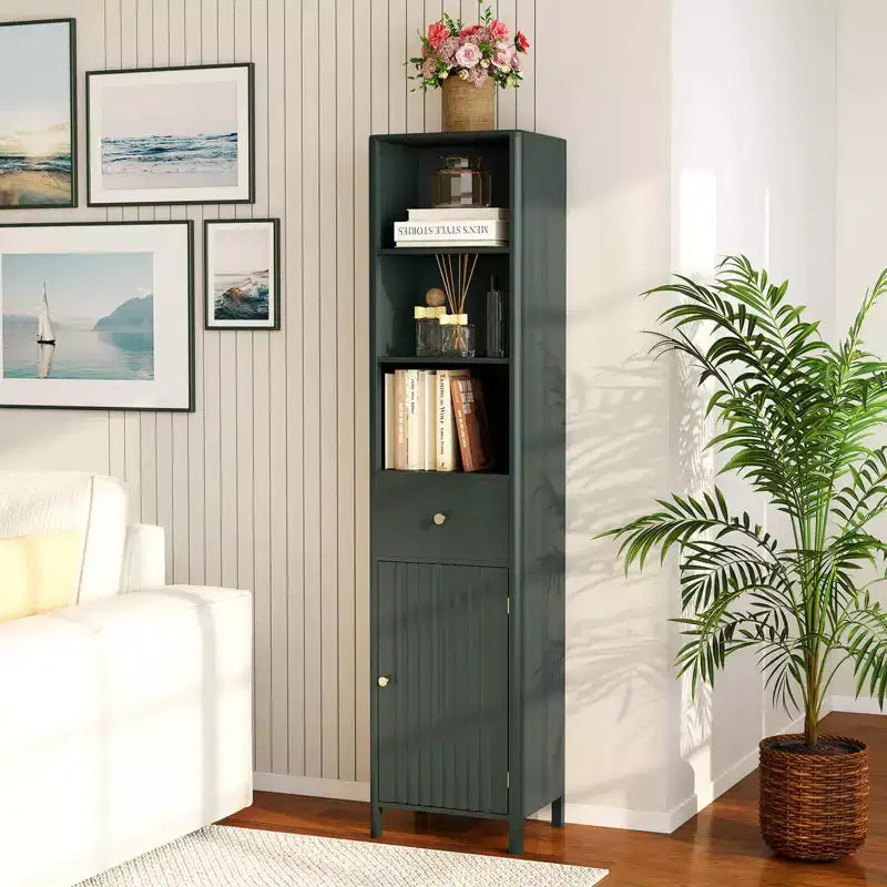 Costway Armadietto da Bagno Alto 170 cm con 3 Ripiani Aperti, 1 Cassetto, Ripiano Interno Regolabile Bianco/Bianco sporco/Nero/Verde/Grigio