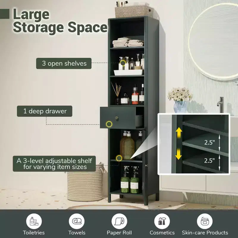 Costway Armadietto da Bagno Alto 170 cm con 3 Ripiani Aperti, 1 Cassetto, Ripiano Interno Regolabile Bianco/Bianco sporco/Nero/Verde/Grigio