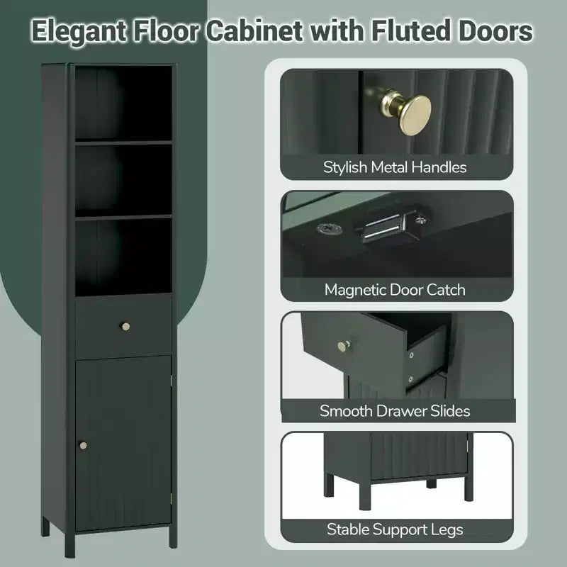 Costway Armadietto da Bagno Alto 170 cm con 3 Ripiani Aperti, 1 Cassetto, Ripiano Interno Regolabile Bianco/Bianco sporco/Nero/Verde/Grigio