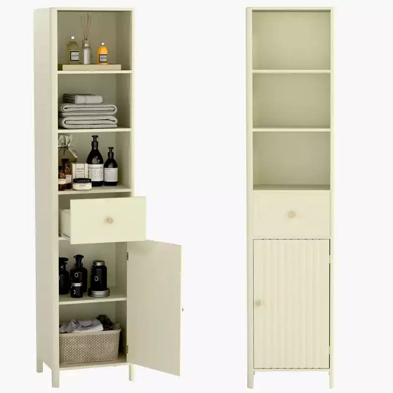 Costway Armadietto da Bagno Alto 170 cm con 3 Ripiani Aperti, 1 Cassetto, Ripiano Interno Regolabile Bianco/Bianco sporco/Nero/Verde/Grigio